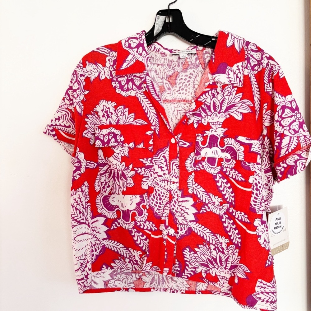 Calligraphie‎ Linen Red and Purple Women's Top